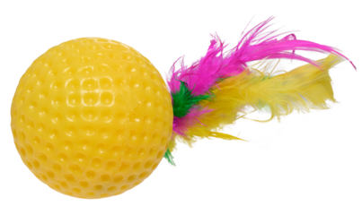 A bright yellow rubber ball toy with a golf ball texture and colorful feathers.