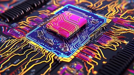 Vibrant Circuitry: A Close-Up of a Neon-Colored Microchip