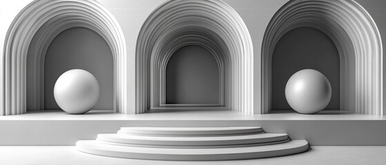 Monochromatic Architectural Abstract:  A serene grayscale composition featuring layered arches, spheres, and a minimalist stage, evoking a sense of calm and modern elegance.