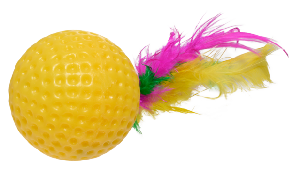 A bright yellow rubber ball toy with a golf ball texture and colorful feathers.