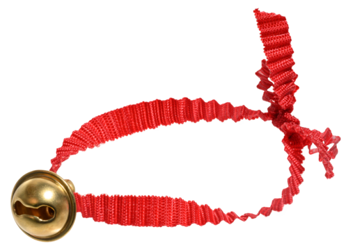 Golden jingle bell on red wavy ribbon on isolated background