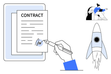 Hand signing contract on clipboard, rocket launching, and remote worker with a laptop. Ideal for business, startup, partnership, agreement, success remote work growth. Simple flat metaphor