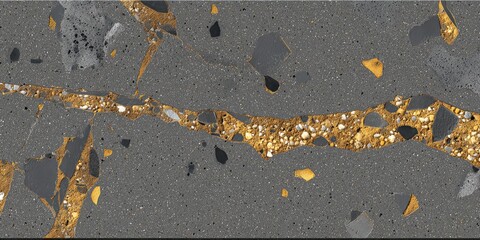 Close-up of fractured dark concrete with golden and stone aggregate veins