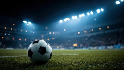 A dramatic soccer match unfolds at a lively stadium as players compete fiercely under bright lights. The excitement builds as fans cheer from the stands and the ball lies ready - Powered by Adobe