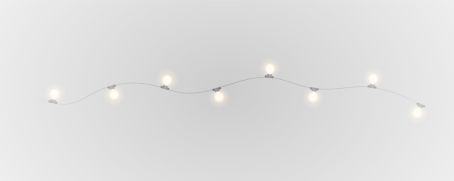 Christmas and New Year glowing garlands of bulbs and lights. Design element for holiday cards, backgrounds, business cards, vector png on transparent background.