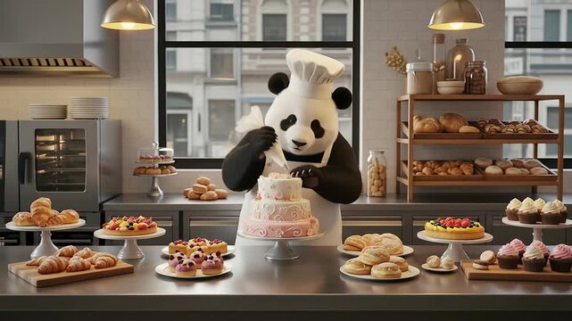 Adorable Panda Chef Decorates Exquisite Tiered Cake in Bustling Bakery Kitchen Scene