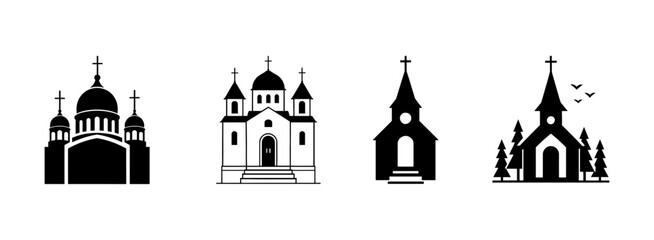 Church silhouette icon vector set. Religious cathedral and chapel building collection.