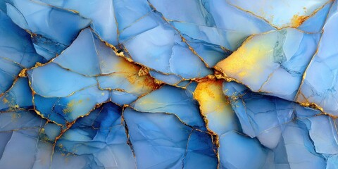 Abstract blue agate stone texture with golden mineral veins and cracks