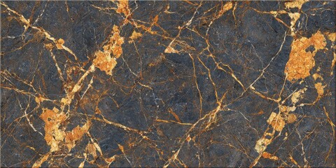 Dark marble slab with intense orange mineral veins and golden streaks