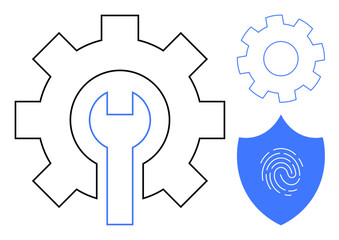 Gear with wrench, smaller gear, and fingerprint-secured shield. Ideal for technology, security, mechanics, system optimization, innovation troubleshooting and improvement. A simple flat metaphor