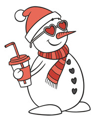 snowman with a cup of coffee in his hand, vector illustration