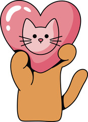 Fluffy orange cat holding a cute pink heart with a small kitten face, expressing love and affection, for Valentine's Day or pet-related designs.
