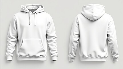 Maqueta realista de sudadera con capucha blanca para hombre, vista frontal y trasera, plantilla textil en blanco para marca de moda moderna