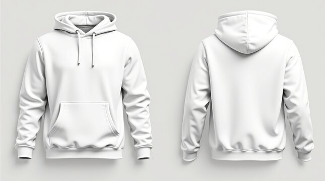 Maqueta realista de sudadera con capucha blanca para hombre, vista frontal y trasera, plantilla textil en blanco para marca de moda moderna