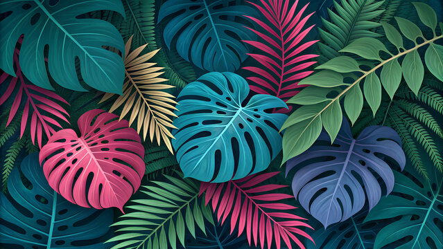 Creative fluorescent color layout made of tropical leaves. Flat lay neon colors. Nature concept.