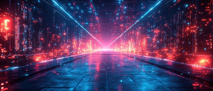 Neon Cityscape: A Futuristic Digital Corridor - Powered by Adobe