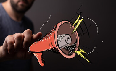 Digital illustration of a hand holding a megaphone, perfect for marketing, announcement, and...