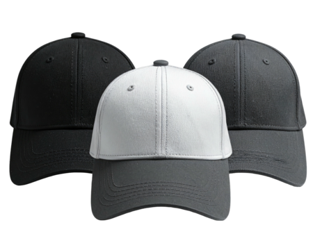Three blank baseball caps in black, gray, and white, arranged in a slightly overlapping stack