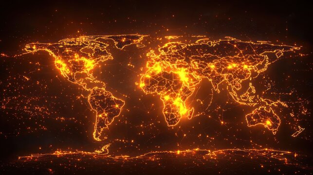 Illuminated Global Network: A fiery digital depiction of Earth's interconnectedness