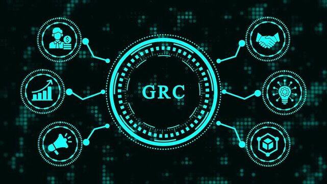 Futuristic concept of grc governance, risk management, and compliance with icons representing key aspects such as risk assessment, regulatory compliance, and ethical governance