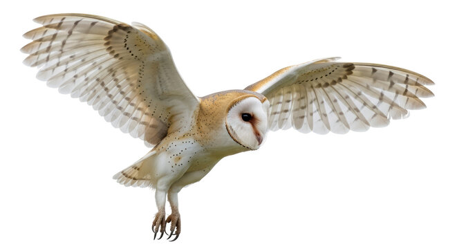 Isolated Barn Owl in mid-flight with wings spread out; a beautiful nocturnal bird hunting - Powered by Adobe