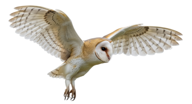 Isolated Barn Owl in mid-flight with wings spread out; a beautiful nocturnal bird hunting