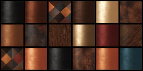 Grid of metallic and wood surface textures in copper and bronze tones
