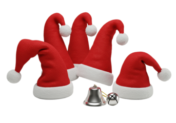 Five vibrant red santa hats with white fur and pom-poms in a precise arc, polished silver jingle bell, isolated on transparent, studio light, sharp focus, festive product concept