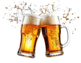 Two beer mugs clinking, frothy tops, splashing liquid