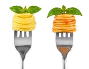 Two forks holding nests of pasta, one with a light yellow and the other with a reddish-orange sauce. Fresh basil leaves are atop each nest
