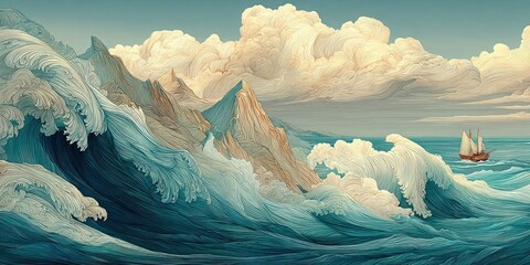 Stylized ocean waves and mountains with dramatic clouds and sailing ship
