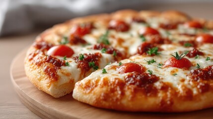Close Up Pizza with Tomatoes and Parsley on Wooden Board, Golden Crust and Melted Cheese in Warm Cinematic Lighting