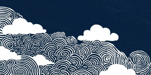 Hand-drawn spiral cloud pattern on dark blue sky background illustration