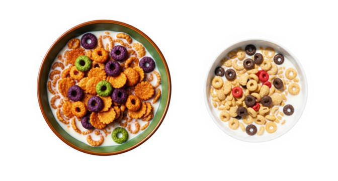 Colorful cereal bowls with sweet rings and fruit pieces. Double set  