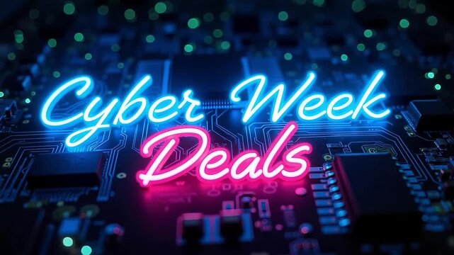 Bright neon lights announce "Cyber Week Deals" glowing over a circuit board background, symbolizing online shopping and technology. - Powered by Adobe