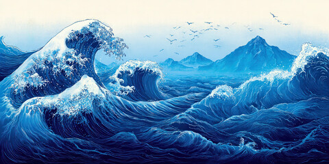 Powerful blue ocean waves with distant mountains and flying birds