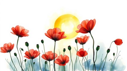 Obraz premium Watercolor red poppies with rising sun in the background, bright and fresh.