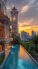 Luxury Mansion with Infinity Pool at Sunset