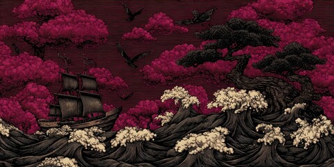 Vintage sailing ship in stormy sea with red forest and dramatic sky