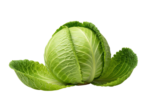 Pristine vibrant green cabbage with light core and crinkled dark leaves, one crisp detached leaf, isolated on clean transparent studio background, perfectly lit, high-end commercial concept