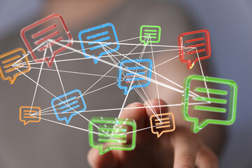 Image depicts interconnected speech bubbles, symbolizing global communication and networking.