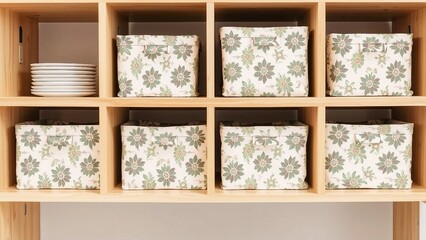 Fototapeta premium Wooden storage shelf with multiple floral patterned fabric storage boxes.