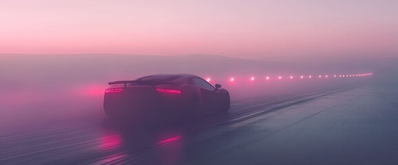 Futuristic Car Drive Through Misty Highway at Sunset