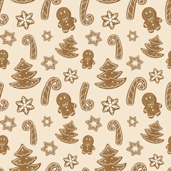 seamless pattern with Christmas gingerbread cookies with white glaze in different shapes, beige background