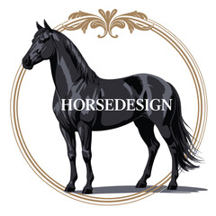 Stunning black equine standing in ornate golden frame, representing grace and nobility, equestrian elegance