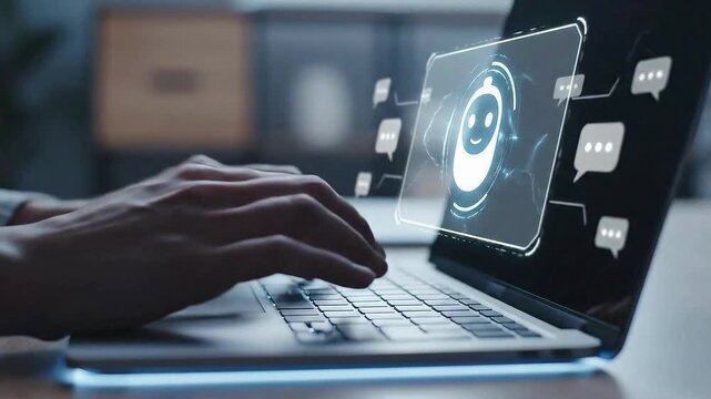 Closeup of hands typing on a laptop with a chatbot icon displayed on the screen, symbolizing ai interaction