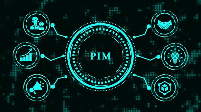Futuristic pim concept with icons and data flowing on a digital screen, representing product information management, centralized data, and streamlined workflow