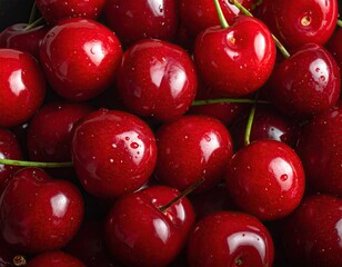 Closeup Red Cherries with Water Droplets