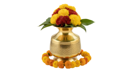 Golden Kalash pot with marigold flowers symbolizing prosperity and blessings