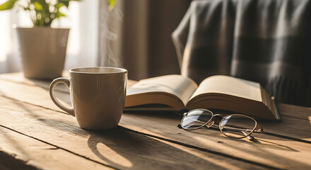 Close-up of a rustic wooden table with a steaming mug of coffee placed beside an open book and reading glasses